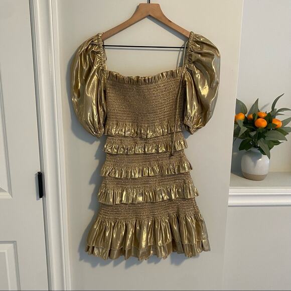 V. Chapman Gold Metallic Smocked Tiered Puff Sleeve Mini Dress 0 - Picture 9 of 16
